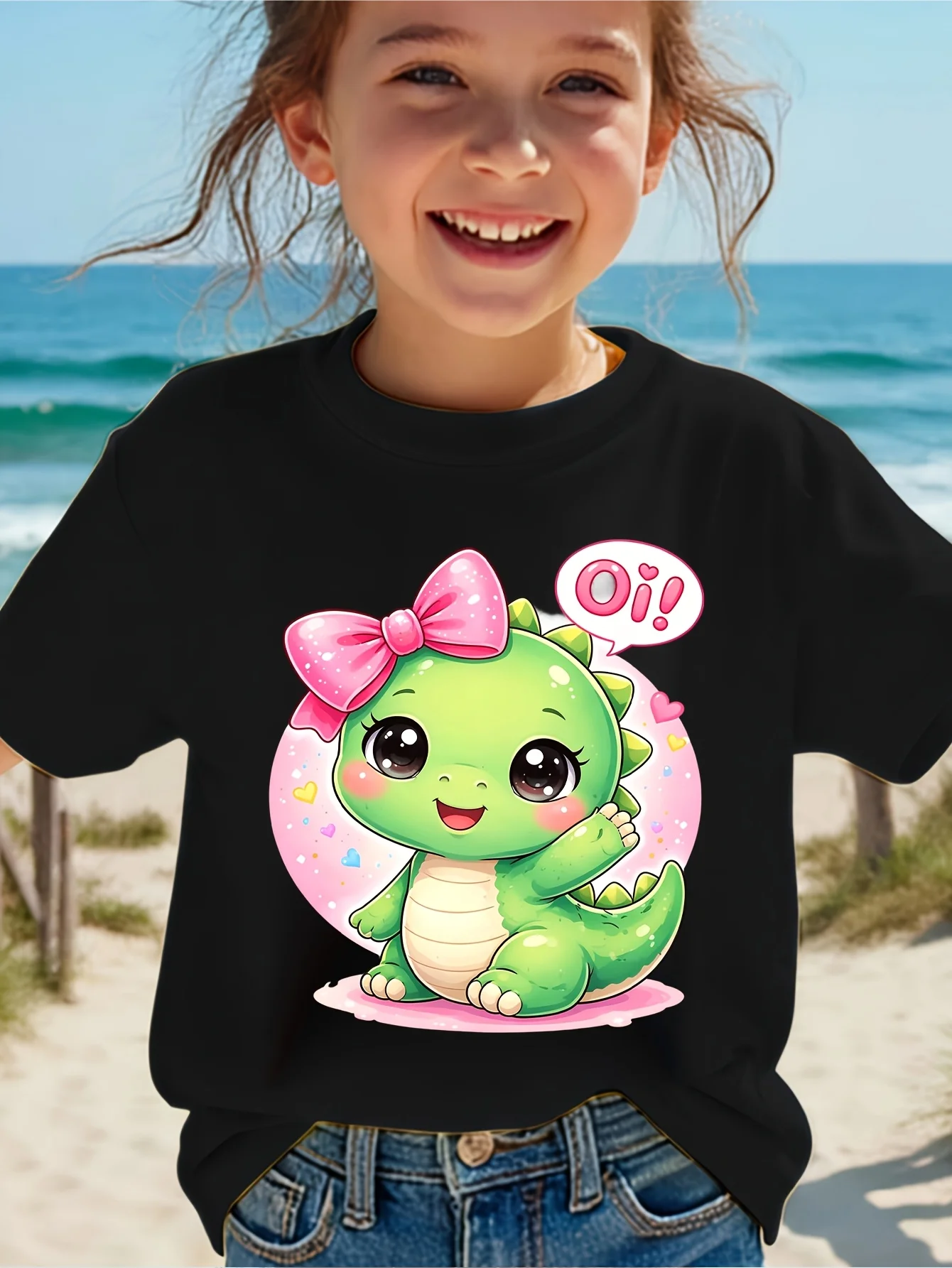 Kids Boys Girls Matching Tee Cute Bow Dinosaur Oi Speech Bubble Graphic Short Sleeve Crew Neck Toddler Casual Summer Outfit
