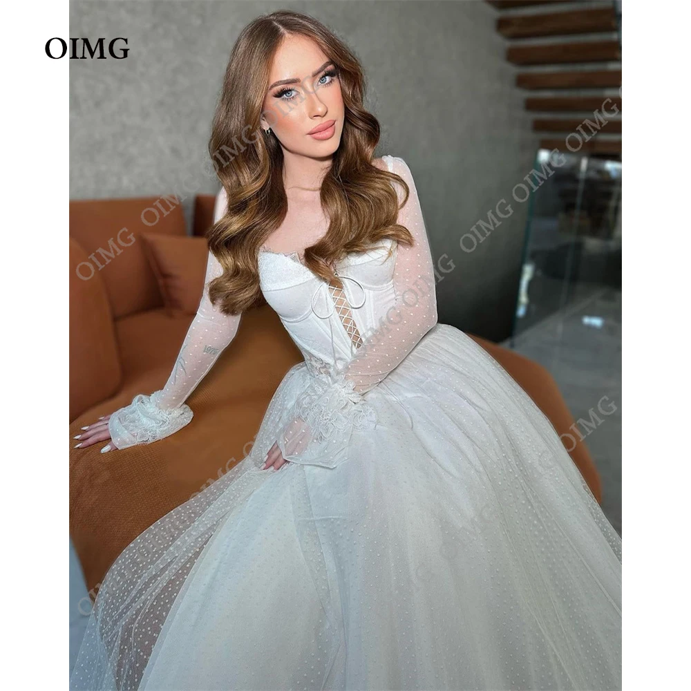 

OIMG Elegant A Line Dots Long Sleeves Formal Wedding Dresses Vintage Sweetheart Bride Princess Bridal Gowns Dress Vestidos