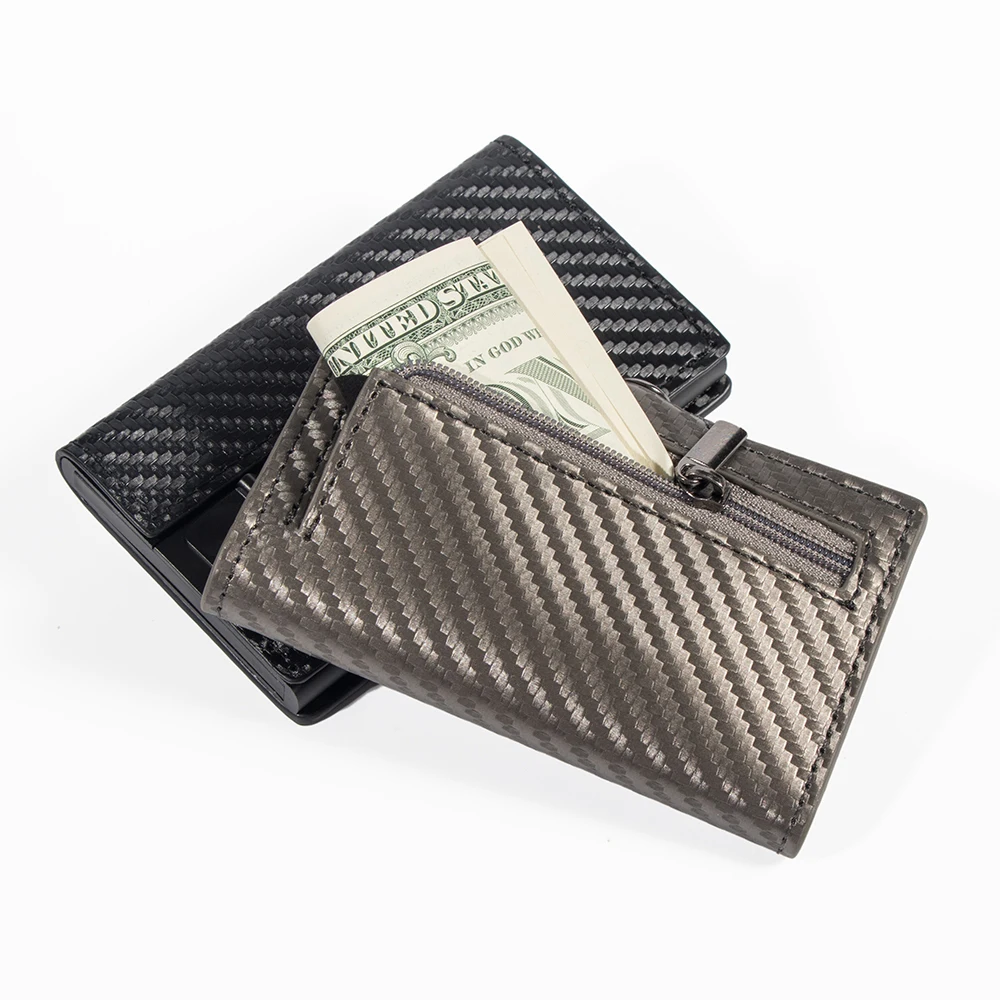 Extremely Slim Carbon Fiber Wallet With Zipper Genuine Leather Credit Card Holder Coin Pocket Business Bag Unisex
