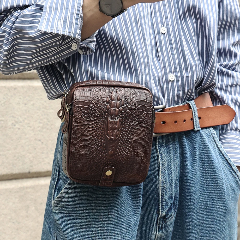 JOYIR-riñonera de piel de vaca auténtica para hombre, bolso cruzado de hombro con patrón de cabeza de cocodrilo, a la moda