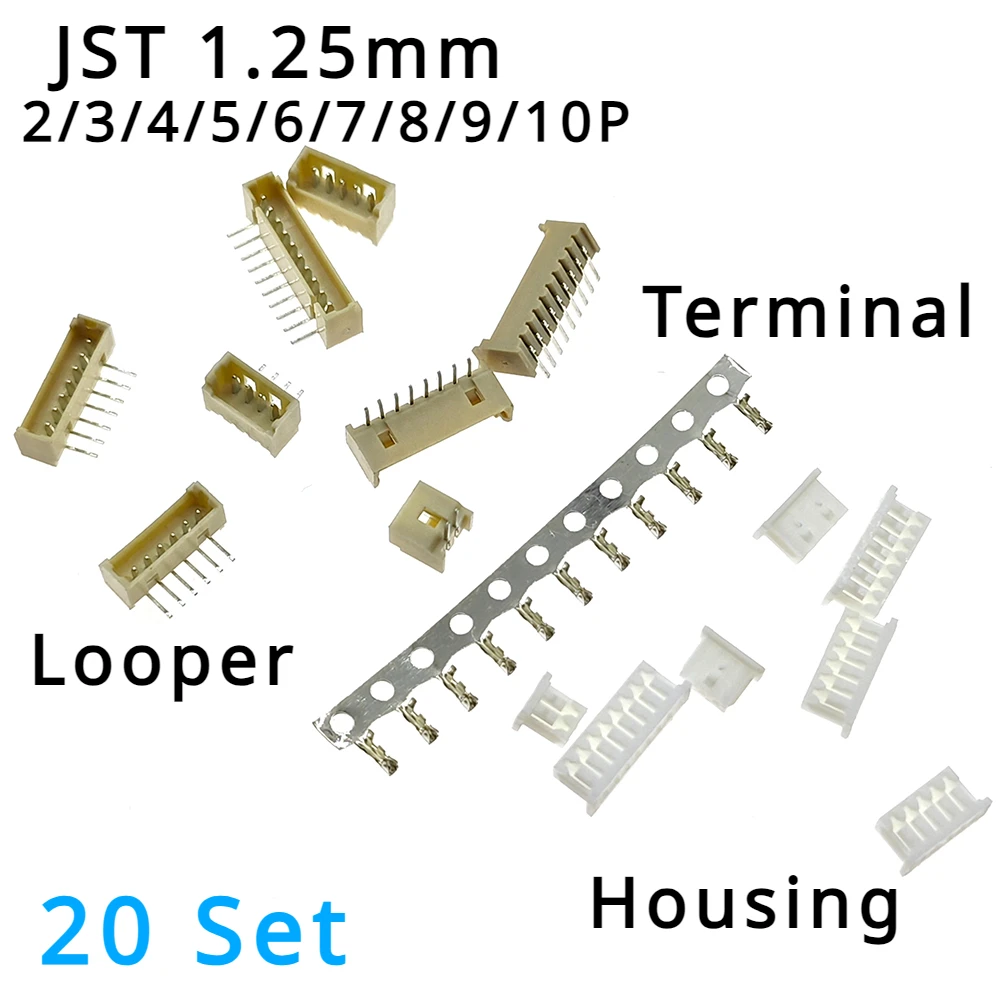 

20 Set 1.25mm Pitch Connector Micro JST Right Angle Pin 2/3/4/5/6/7/8/9/10P ( Pin Header + Housing + Terminal )