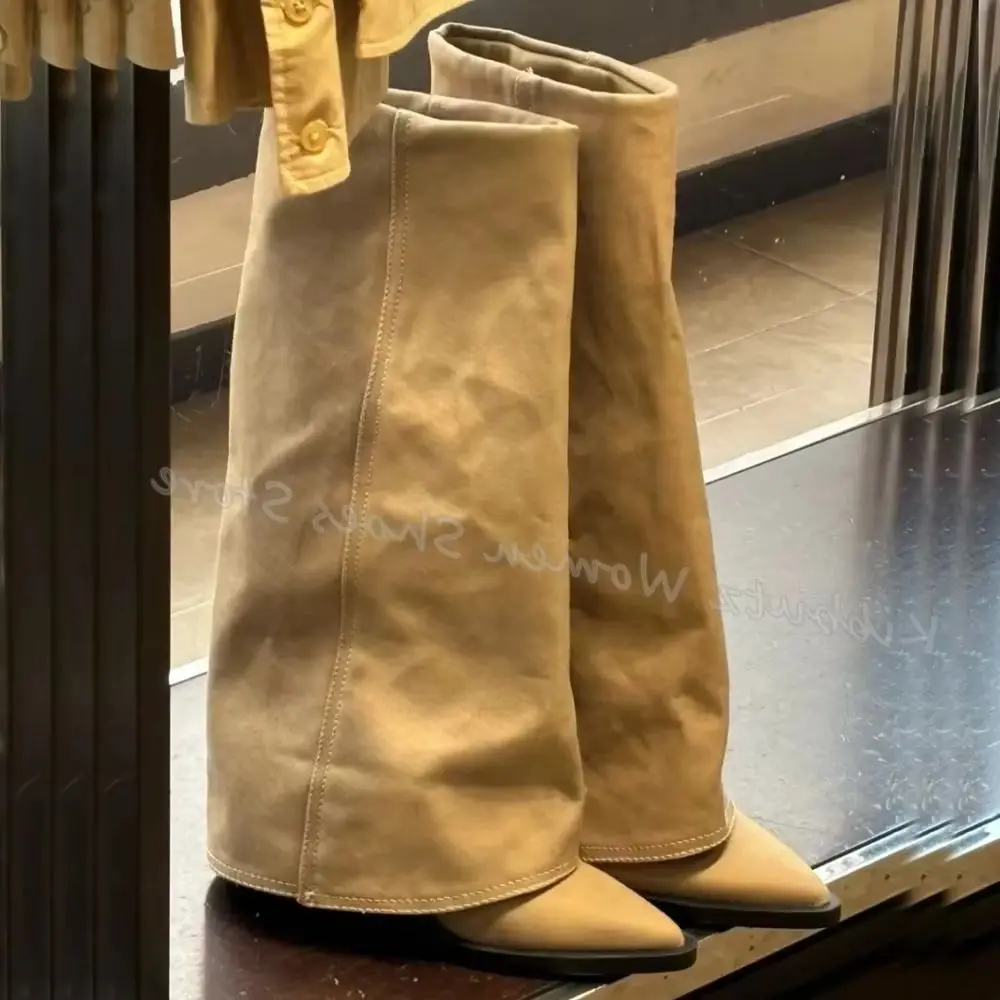 

Cowboy Tube Boots Knee High Turned-Over Edge Pointed Toe Chunky Heel Slip-On Solid Retro Fashion Sexy Women Shoes 2023 Newest