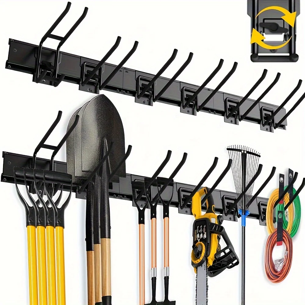 

Garage Tool Organizer Wall Mount with Adjustable Swivel Buttons, 48" Garden Tool Organizer, 1 Double Hook, 5 Straight Hooks Hold