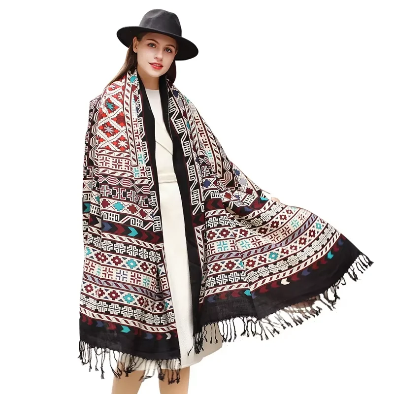 DANA XU 100% Wool Shawl for Women Oversized 245x110cm Geometric Tribal Large Scarf Wrap Thick Warm Winter Pashmina Poncho