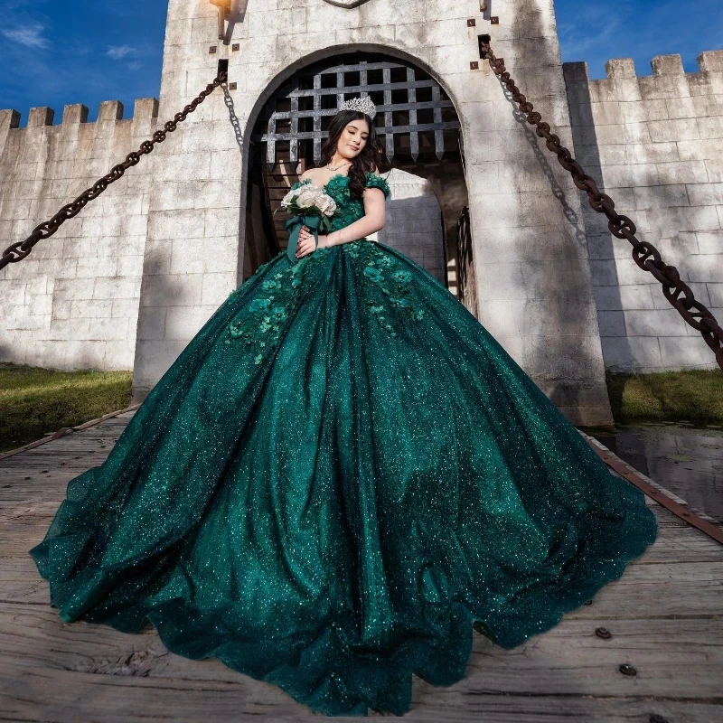 

Green Shiny Quinceanera Dresses Ball Gown Formal Prom Applique Flower Graduation Gowns Sweet 15 16 Dress vestidos de xv años