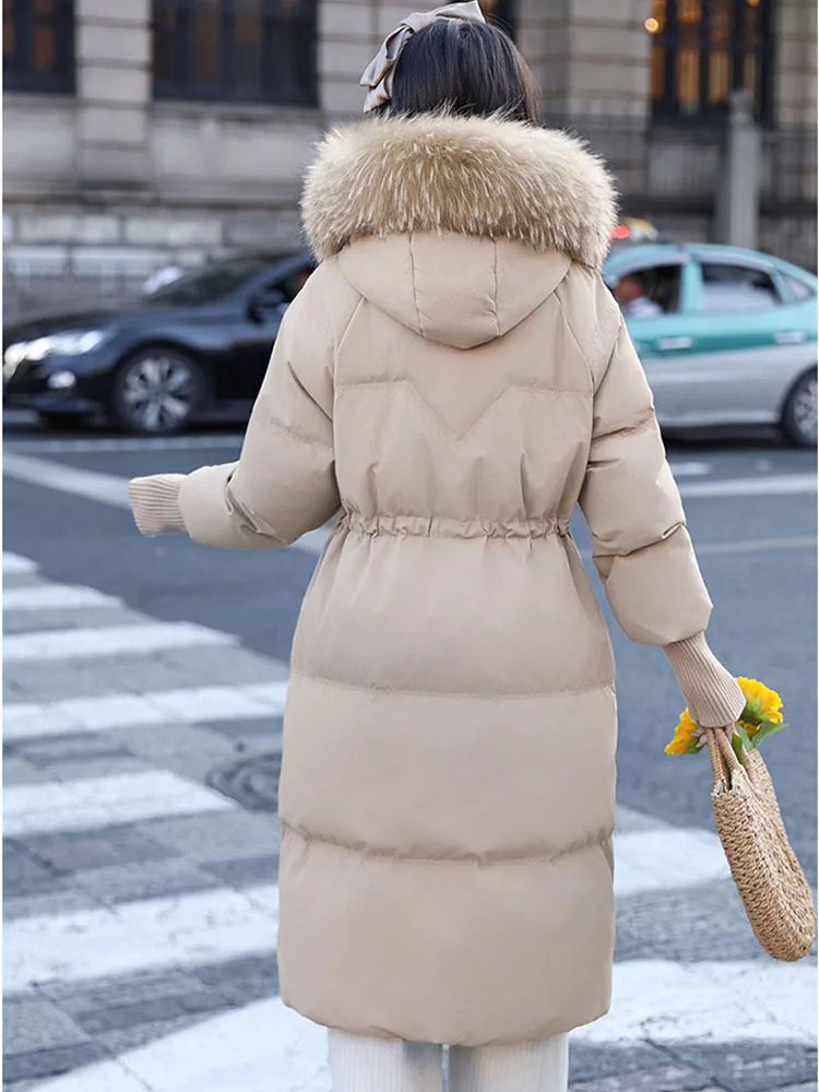 防水冬の女性のロングフグジャケット 2025 ビッグリアルアライグマの毛皮のフード付きアヒルダウンコート女性レインフェザーパーカー
