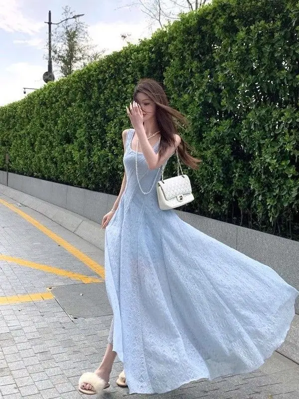 

Blue Summer Beach Style Women's Dress Sleeveless A-Line Gown Slimming Waistline French Style Casual Wear Daily Occasion