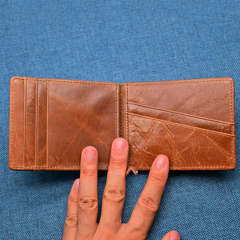 Genuine Leather Mens Wallet Money Clip Slim Bifold Credit Card Holder with Zipper Coin Pocket Vintage Male Cash Clamp Purse