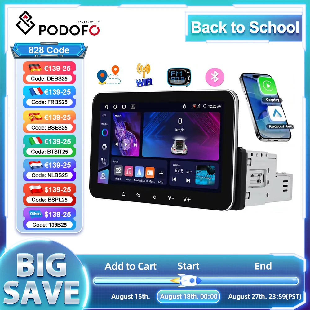 Hikity 4 + 64G Android 1 Din Supporto autoradio Mirroring Carplay Android Auto 7 '' Lettore multimediale per auto con BT WiFi GPS FM RDS