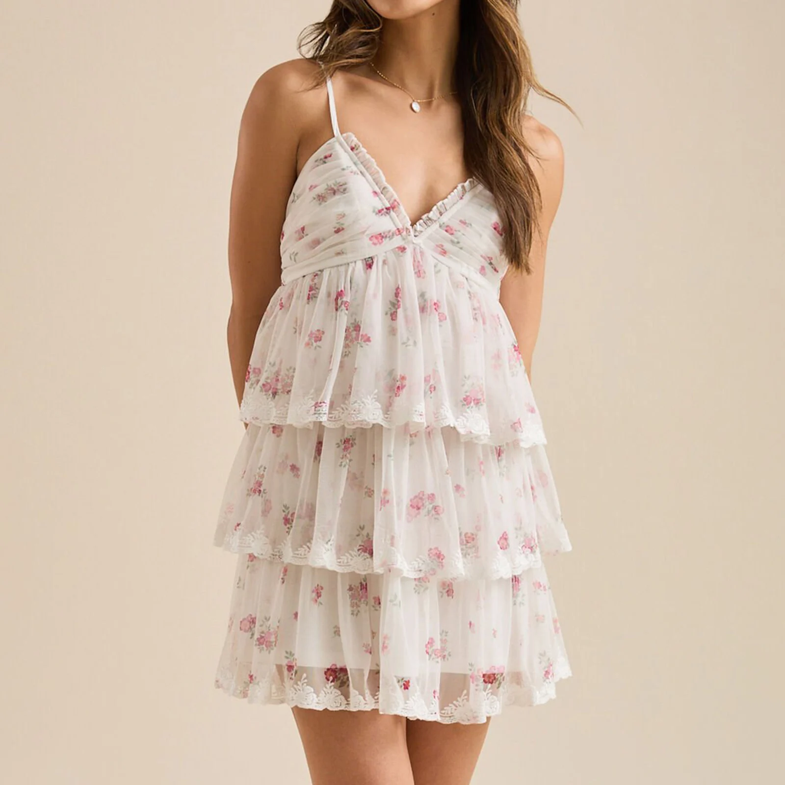 New Fashion Womens Floral Mini Dress A Line Stylish Print Mesh Layered Ruffles V Neck Spaghetti Strap Cami Dress For Summer
