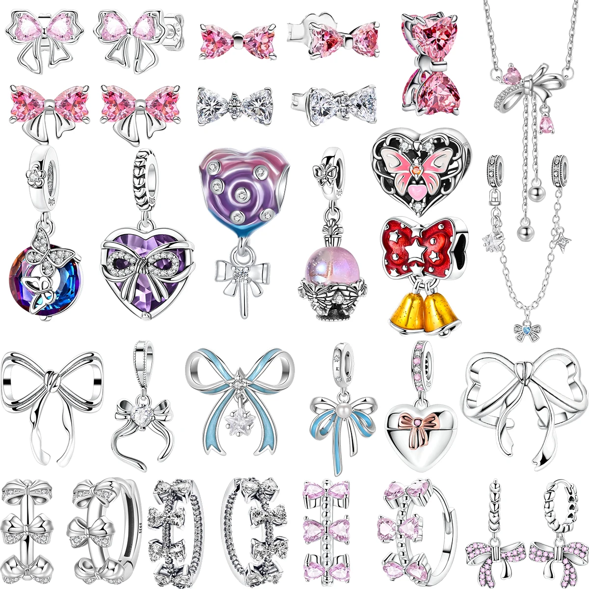 

Lovely 925 Sterling Silver Pink Bow Charms Earrings Rings Christmas Bell Pendant Fit Original Bracelet Necklace DIY Jewelry Gift