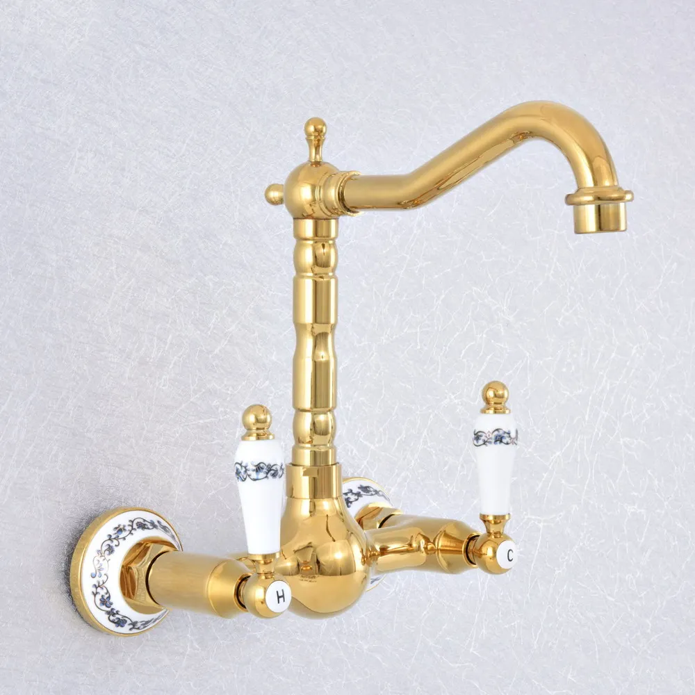 

Golden Brass Dual Handle Duals Hole Wall Mount Basin Faucet Bathroom Vanity Faucets Kitchen Sink Cold Hot Water Taps Dsf612