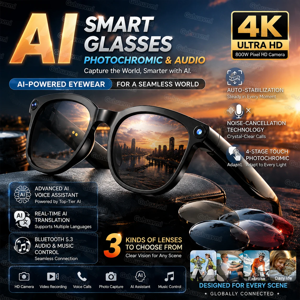 1080P HD Kamera Smart AI Brille Videorekorder Bluetooth 5.4 Kabellose Audio-Kopfhörer IP65 Wasserdichte Sport-Brille für Männer und Frauen
