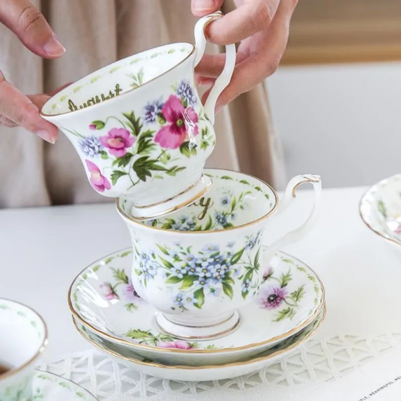 European Vintage Month Flower Phnom Penh Coffee Cup Saucers, Bone China, Milk Tea Cup, Snack Dish, Dessert Plate for Home Office