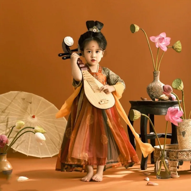 

Summer Chinese Folk Dance Perform Wear clothes hanfu girl kids Child Tang Dynasty traditional dress ancient Stage Carnival Dress