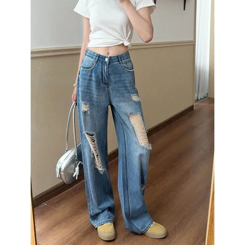 Pearl Embellished Women's Jeans 2026 Summer High Waist Ripped Wide Leg Pants American Style Fabric Drape Loose Denim Trousers