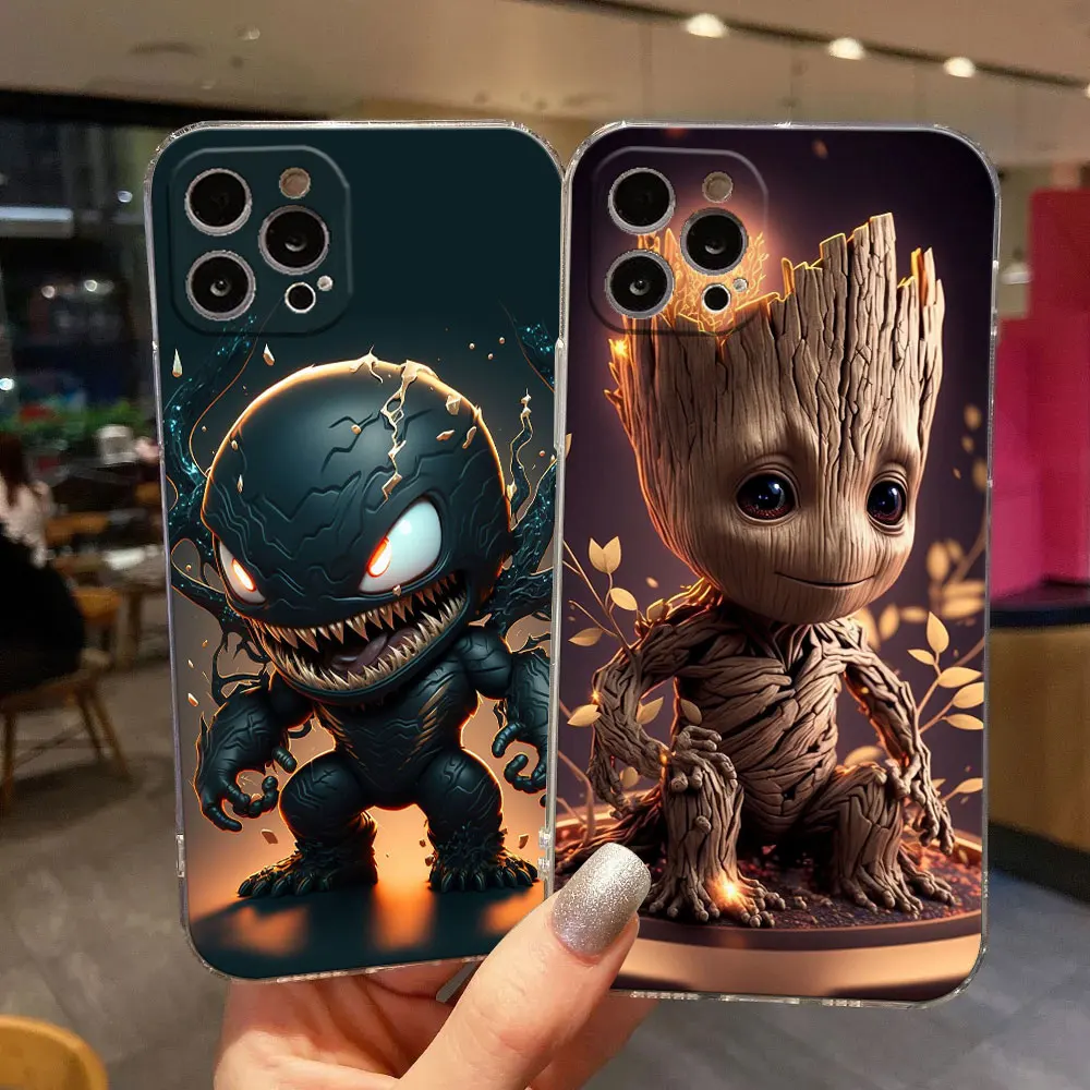 Baby Cute Marvel Venom Groot Clear Phone Case For iPhone 15 14 11 12 13 Pro Max Mini XS XR 8 7 Plus Cover Soft Transparent Funda