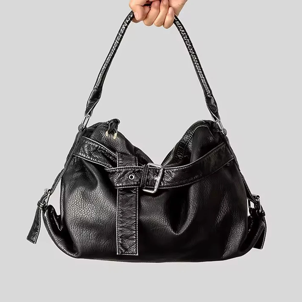 SHELKSBAG Multi-Pocket Shoulder Bag for Women Large Crossbody Bags Trendy Shopping Handbag Travel Hobo PU Leather Motorcycle Bag
