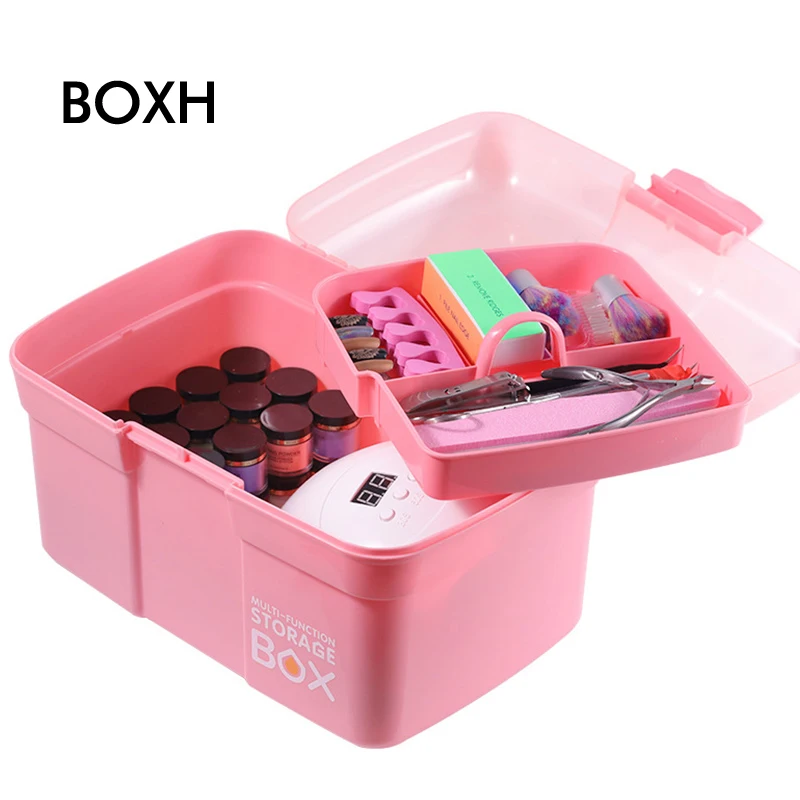 Double Layer Storage Box Multi Functional Makeup Organizer Case Nail Dryer Case Nails Manicure Tools Hand-held Container Pink Co