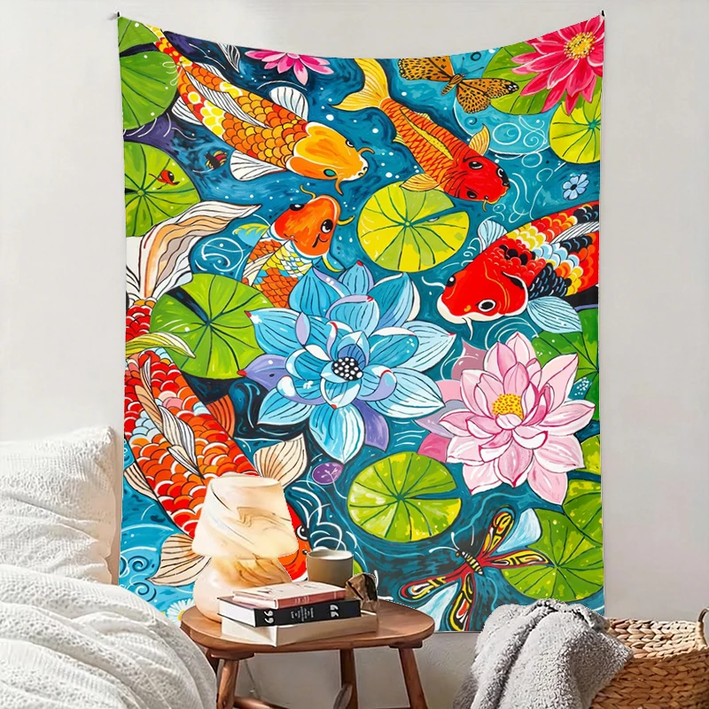 1PC Koi Fish Lotus Leaf Art Print Backdrop Banner, Bedroom Living Room Photo Background, Polyester, Home Decor, Wall Art