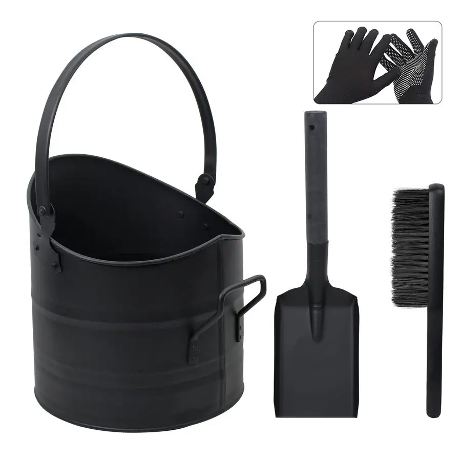 

Ash Bucket 2.6 Gallon Metal Ash Bucket, Includes Shovel, Broom and Gloves for Wood Stove, Fireplace and Fire Pit