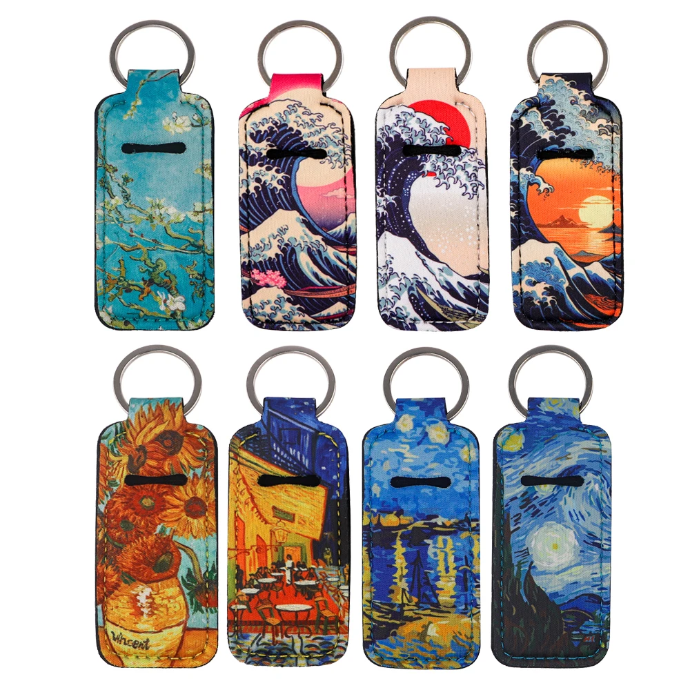 Van Gogh Paintings Lip Balm Holder Keychain Clip On Lipstick Sleeve Holder Sea Wave Bag Charms Key Rings Travel Accessories