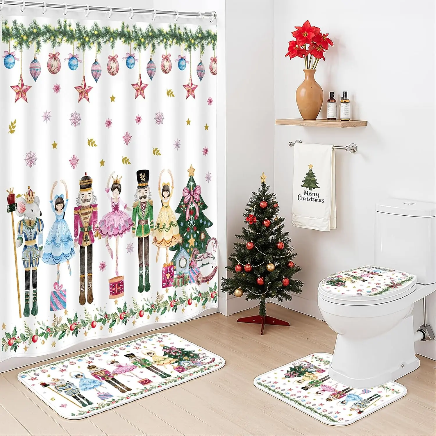 

Розовый рождественский набор занавесок для душа, 4 шт. Щелкунчик занавеска для ванной комнаты коврик для ванной крышка унитаза и U-образный коврик, зимняя ванная комната