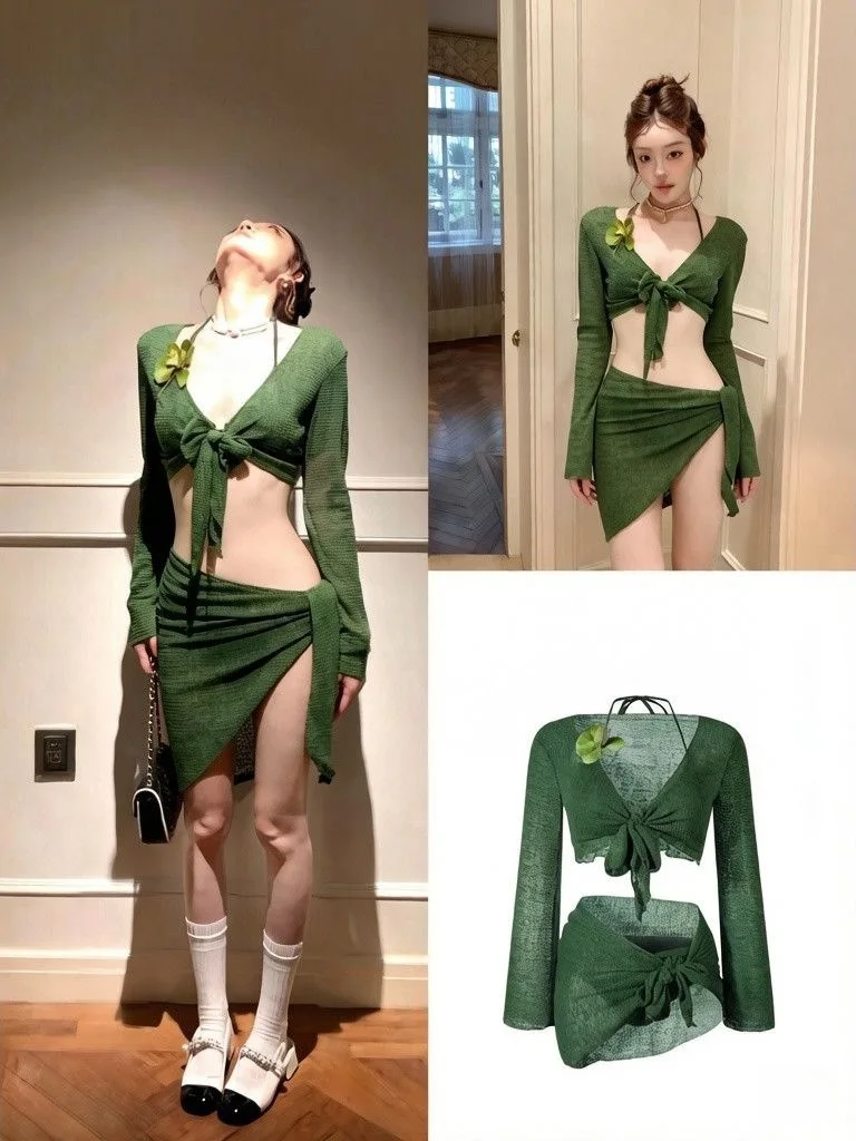 

een Island Vaion Retro Slimming Bikini Set Four Pieces Cover up for Swimming And Hot Spring Soaking Polyester Material