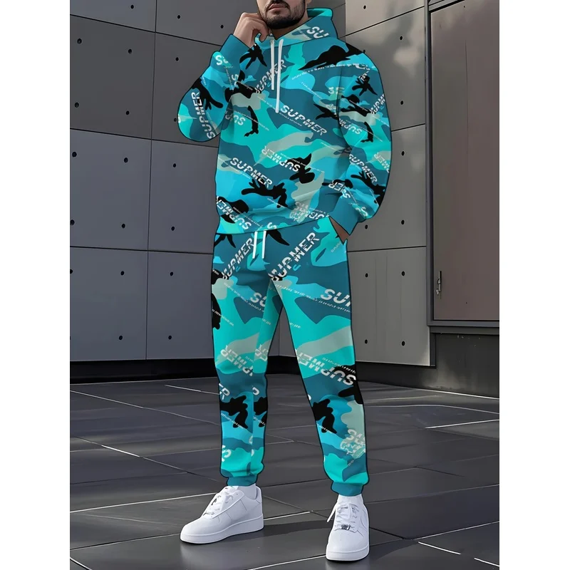 Fashion Camouflage Hooded Sweatshirt And Pants 2-Piece Set, Contrasting Color Letter Print, Daily Casual Fashion Multifunctional