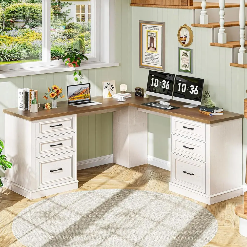 59 L-Shaped Executive Desk with File Drawers, Sturdy Wood Writing Workstation with Storage, Rustic Computer Desk for Home Office