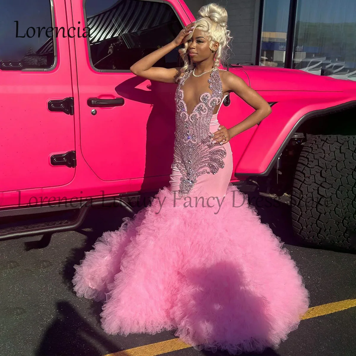 Glitter Pink Long Formal Mermaid Prom Dresses 2024 For Black Girl Beaded Rhinestones Ruffles Evening Gown vestidos de gala