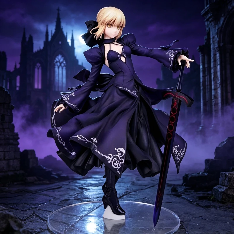 Figura Coleccionable de PVC de 24 cm de Artoria Pendragon de Fate Stay Night en Elegante Vestido Formal Negro, en Caja, Modelo para Hogar, Oficina o Escritorio