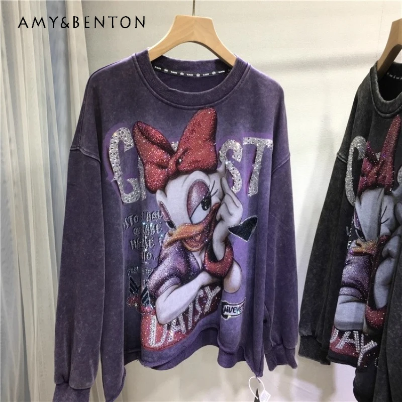 

Heavy Industry Rhinestone Hoodies Cute Cartoon Age-Reducing O-Neck Loose Fit Slimming Long Sleeves Top Autumn Winter Sweatshirt
