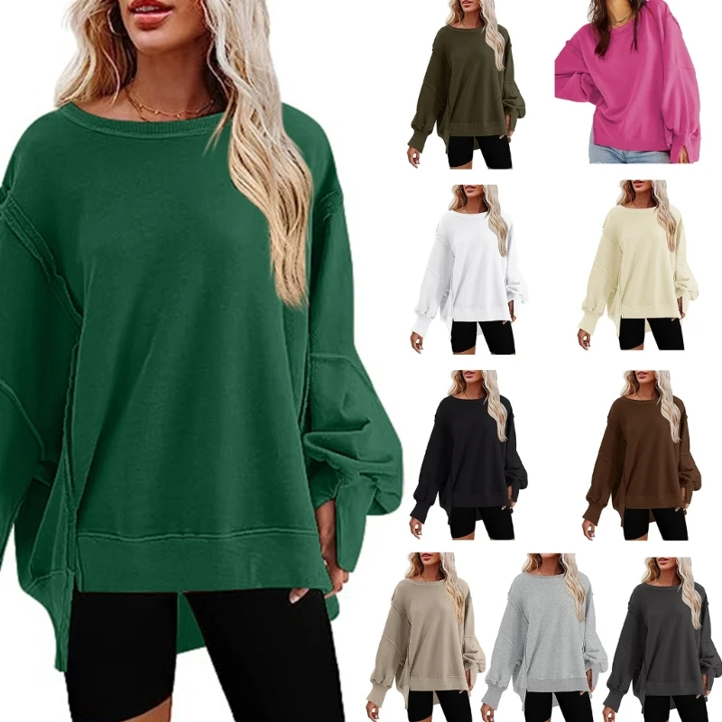 

Sweatshirt for Women Casual Solid Color Crewneck Long Sleeve Side Split Tops Dropship