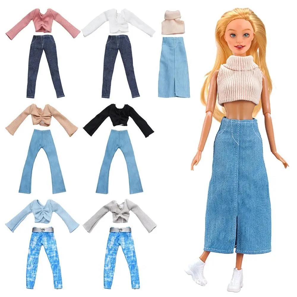 

30CM Doll Clothes Suit Fashion Tops Sweater High Waisted Jean Pants Vest Skirt Set For 1/6Bjd Dolls Accessories Kids Toys