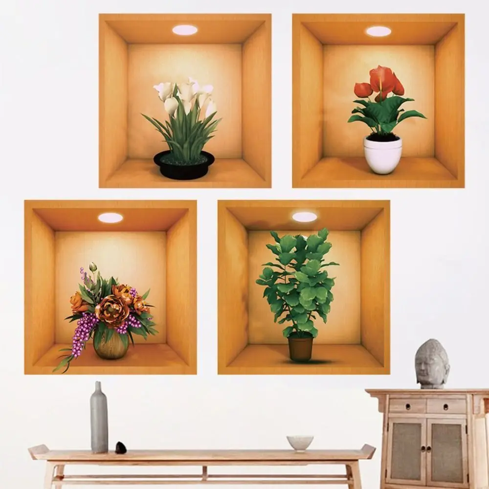 4 pezzi adesivi murali in vaso di piante in PVC pianta verde creativa simula sfondi 3D piante autoadesive impermeabili decalcomanie di fiori
