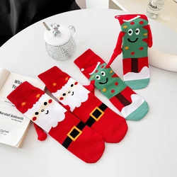 Wintermode Cartoon Weihnachtsmann Weihnachtsbaum Paar Händchen haltend Socken Männer Frauen Mittelrohr Magnetische Baumwollsocken