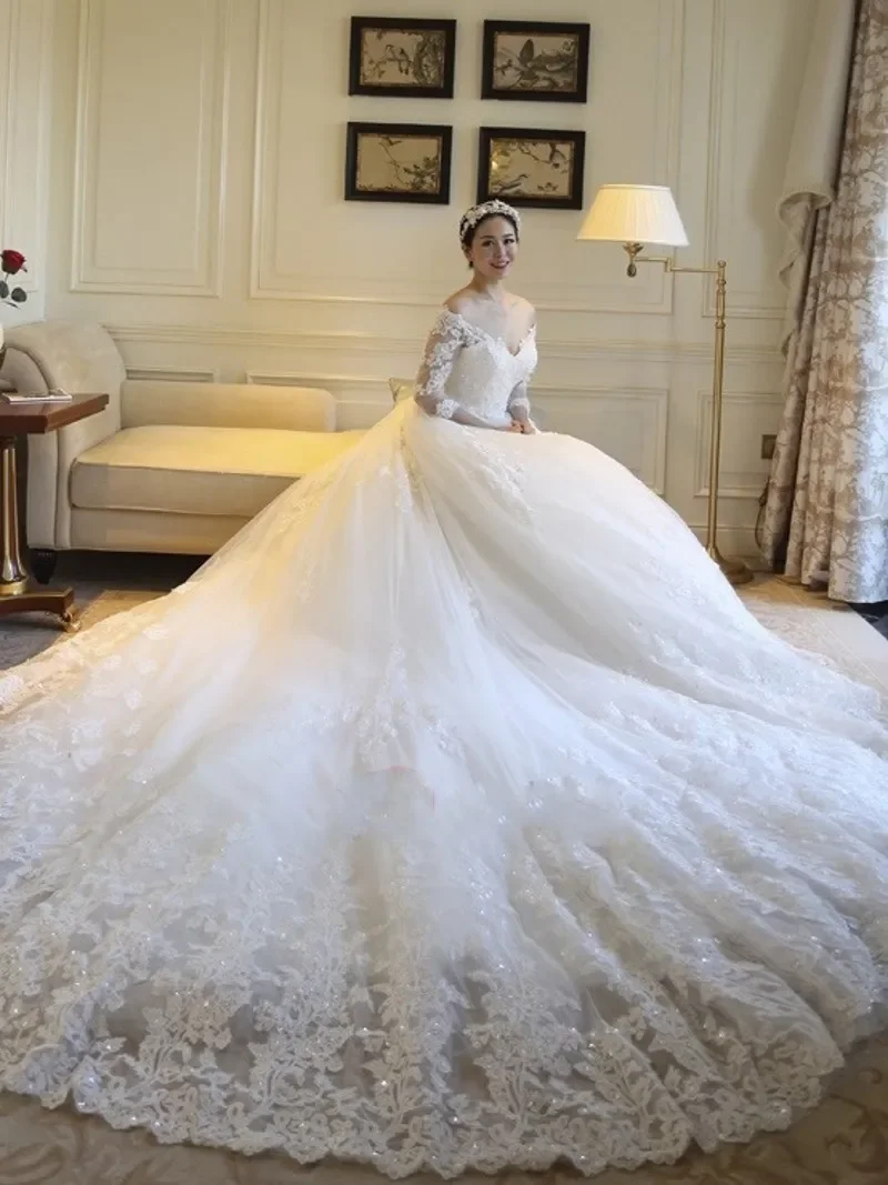 Abiti da sposa personalizzati a maniche lunghe in pizzo Taglie forti Applicazioni modeste con spalle scoperte Abiti da sposa formali Vestido De Noiva