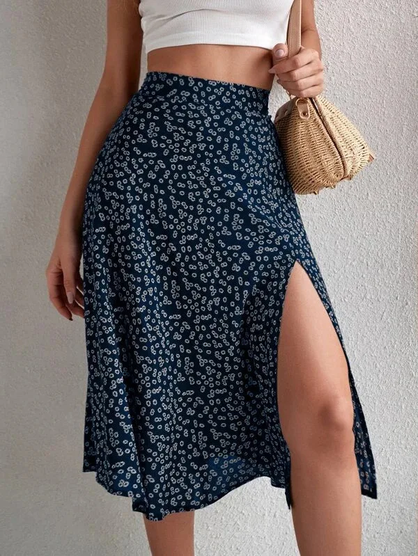 Elegant Printed Skirt Women Sexy Split Mid Skirt Summer Every Day Solid Color Dress Robe