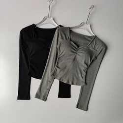Autumn Winter French V-neck Pleated Quick Dry Yoga T-shirt Women One-piece Chest Cushion Slimming Breathable Fitness Base Top
