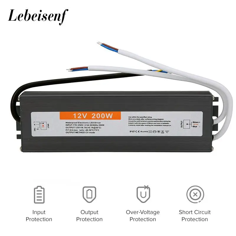 

Lighting Transformer 170-250V AC to DC 12V 200W 16.7A LED Driver Adapter Aluminum Outdoor IP67 Waterproof Switching Power Supply