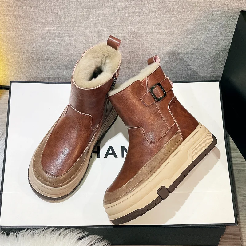 

Snow boots for women in winter 2025 new leather Northeast warm and thick velvet warm and casual cotton shoes