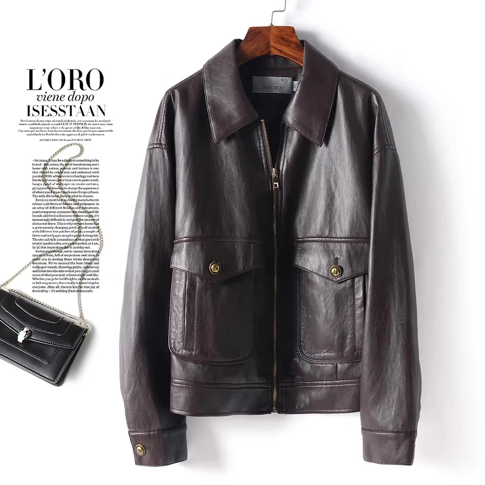 New Women Split Leather Jacket Spring Autumn Fashion Turn-down Collar Long Sleeve Casual Jacket Loose Daily Short Leather Coat