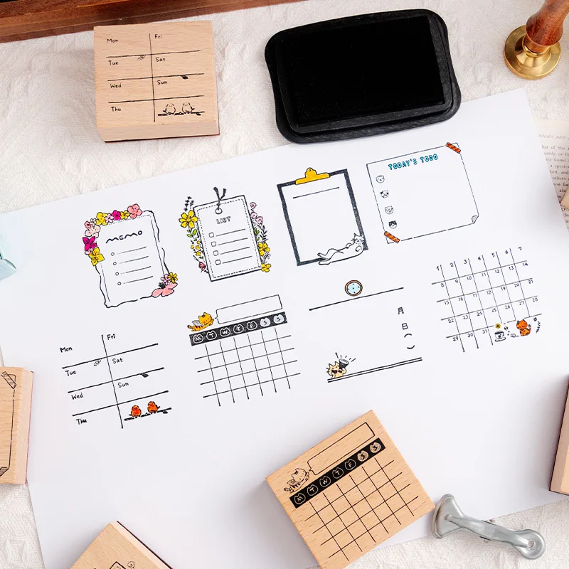 ختم تقويم خشبي قديم خفيف، تقويم أسبوعي شهري على شكل قطة سوبرمان، ختم طباعة مواد ديكور ذاتية الصنع، ختم متنوع