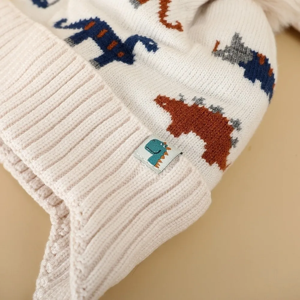 2Pcs Set Cute Thickened Baby Beanie Cap Warm Cartoon Dinosaur Scarf Set Ear Protection Knitted Hat Winter