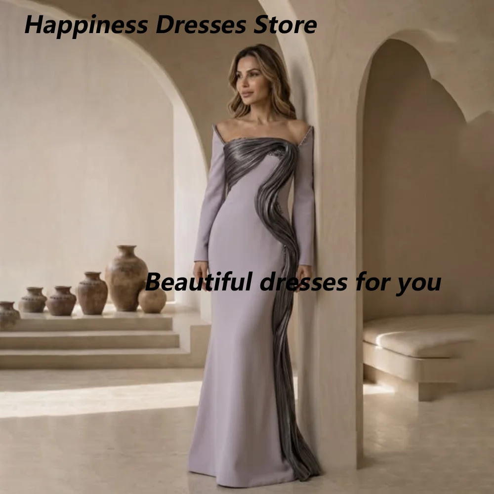 Customized Dusty Lavender Off Shoulder Mother Of The Bride Gown  Long Flare Sleeve Metallic Ruched Mermaid Wedding Evening Dress