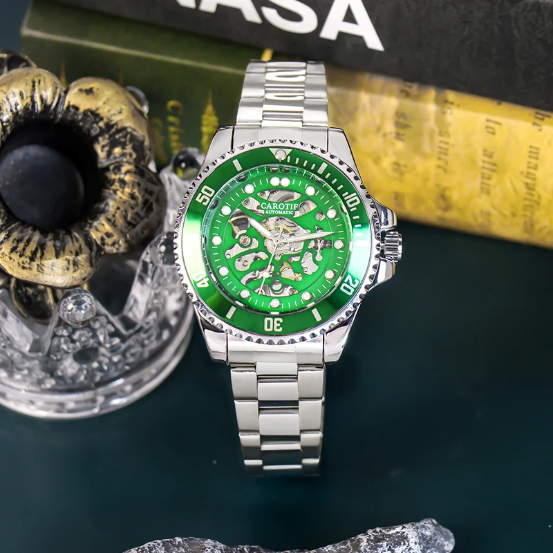 

Мужские серебристо-зеленые модные спортивные часы с турбийоном, полностью автоматические механические часы со стальным ремешком