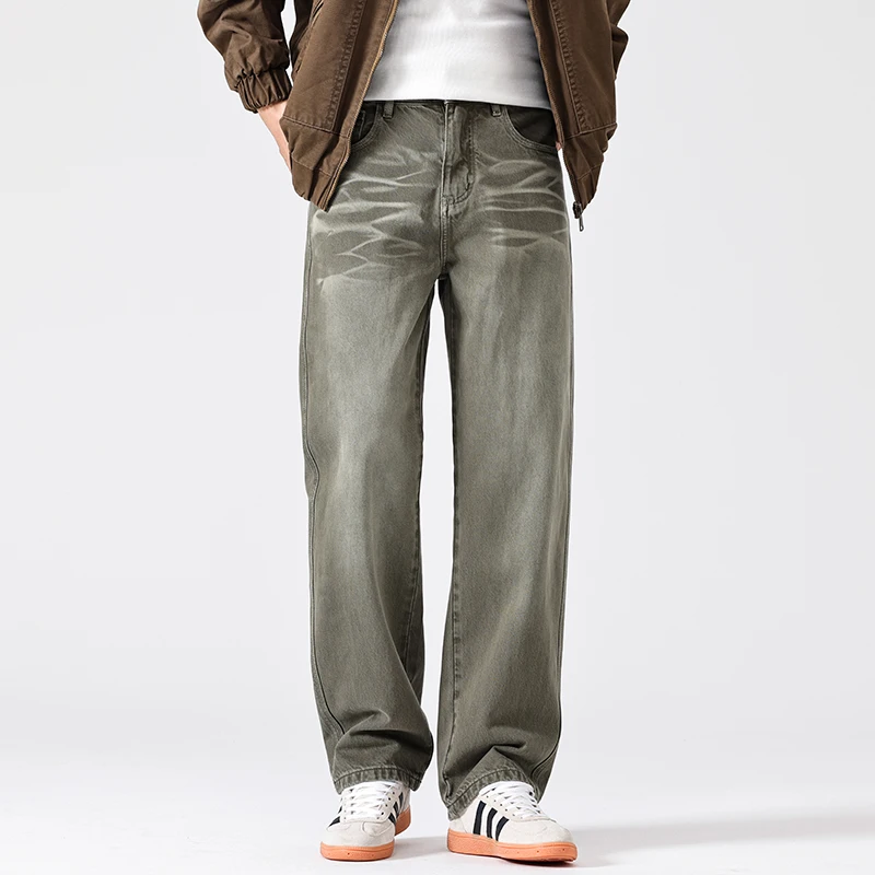 

2026, весенне-осенние новые винтажные прямые джинсы из 100% хлопка в полоску для мужчин, одежда, однотонные брюки на молнии