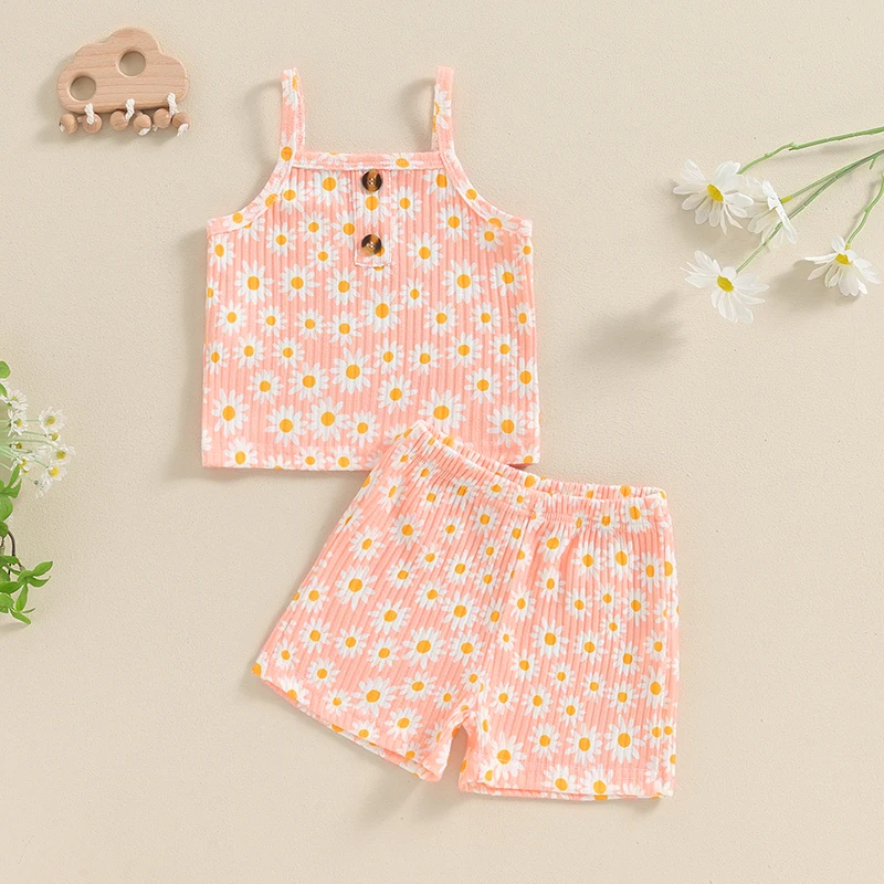 Baby Clothing Girls Summer 2 Piece Outfits Daisy Print Tank Top Elastic Shorts Set Cute Children Clothes