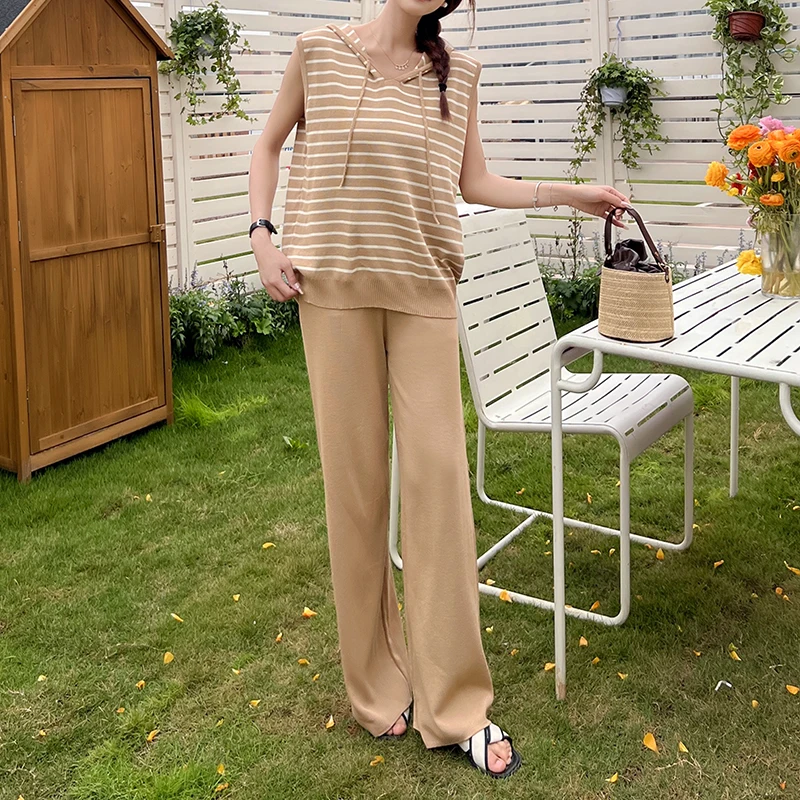 Hooded Drawstring Striped Top Sleeveless Vest Knit 2-Pieces Set Wide Leg Pant Long Solid Trouser Women Clothing Casual Summer